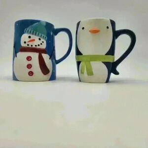 Lot Of 2 Holiday Mugs 1 Smiling Snowman & 1‎ 3D Penguin Cocoa Mugs Xmas Gift